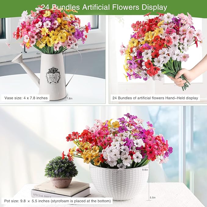 AGIRL 24 Bundles Artificial Flowers for Outdoor,No Fade Fake Plastic Flowers Faux Plants for Decoration Hanging Planters Indoor Outside Garden Porch Window Box Home Wedding Farmhouse