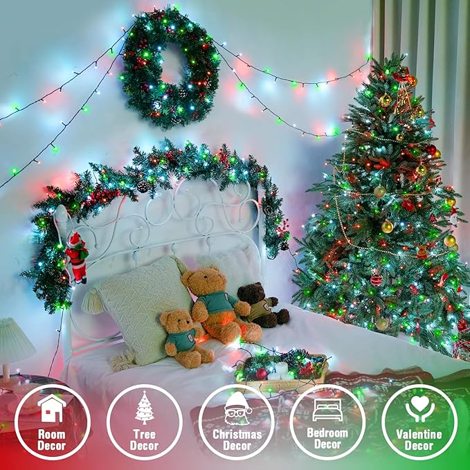 JMEXSUSS 250 LED Red, White and Green Christmas Lights Outdoor Waterproof, 91.5ft Extendable Green Wire Twinkle Christmas Tree Lights with 8 Modes for Party Garden Patio Christams Decorations