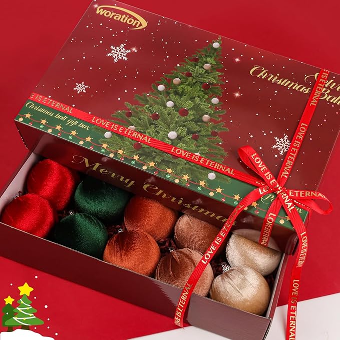 Woration 15pcs Velvet Christmas Ornaments Balls 2.35" Christmas Tree Decorations Ball Set Shatterproof Hanging Xmas Ornaments Baubles (Red/Green/Brown/Coffee/Champagne)