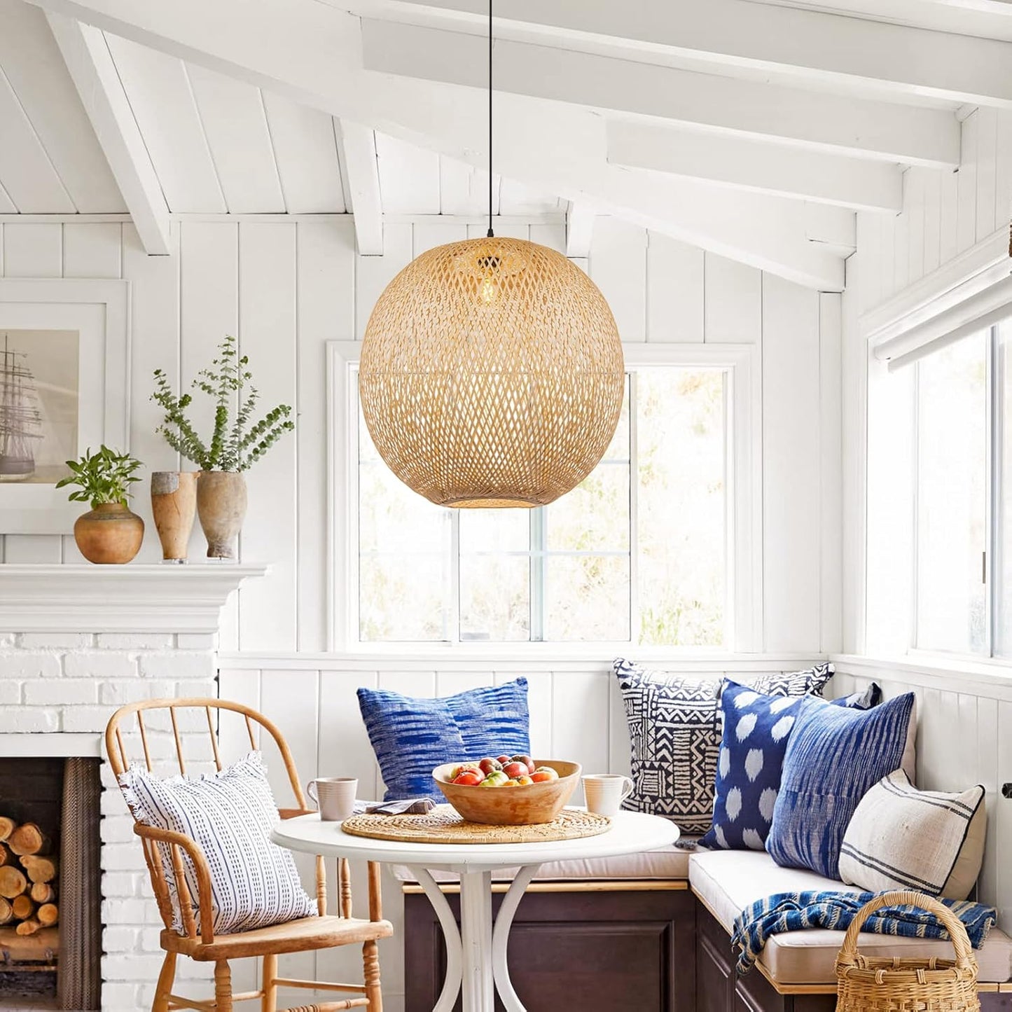 Arturesthome 15.7" Bamboo Pendant Lights, Round Wicker Chandelier, Hand-Woven Boho Basket Lampshade Hanging Ceiling Light for Kitchen Island Living Room