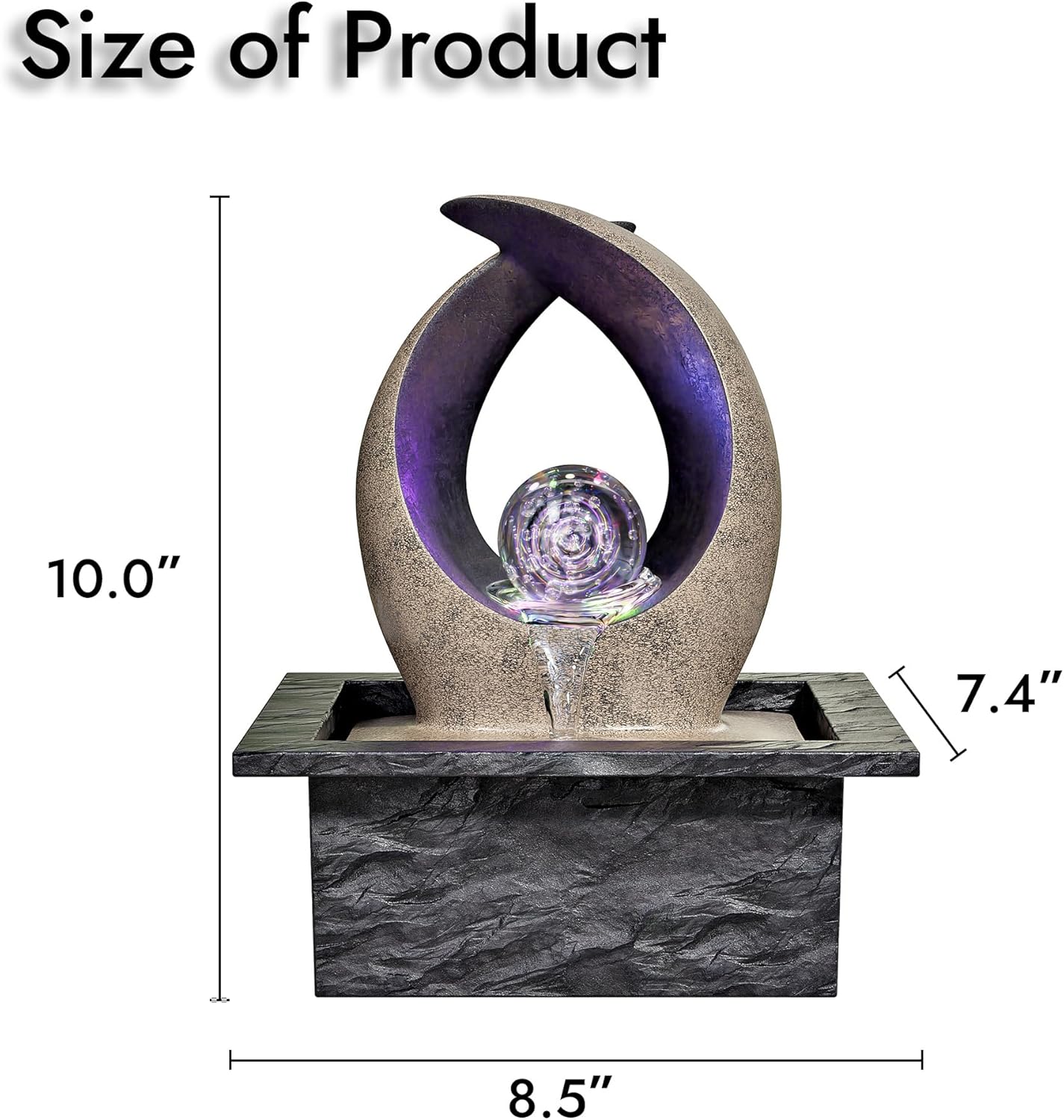 Tabletop Water Fountain, Indoor Desk Waterfall, Meditation Fountain with LED Lights Rolling Ball & Curved Form, Home Office Decor