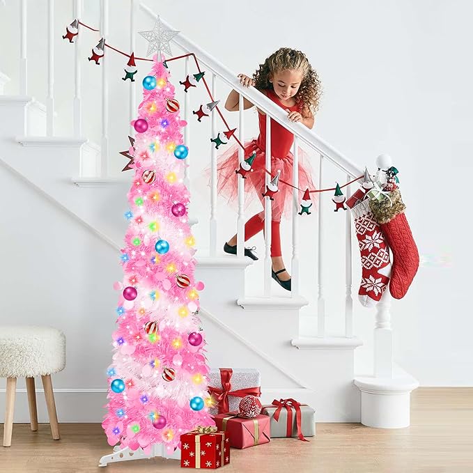 5FT Pop Up Christmas Tree with Timer 60 Warm White & Multi Color Fairy Light 3D Star 15 Ball Ornament, Pink White Tinsel Christmas Tree Slim Pencil Xmas Tree Home Office Holiday Decor Indoor Outdoor