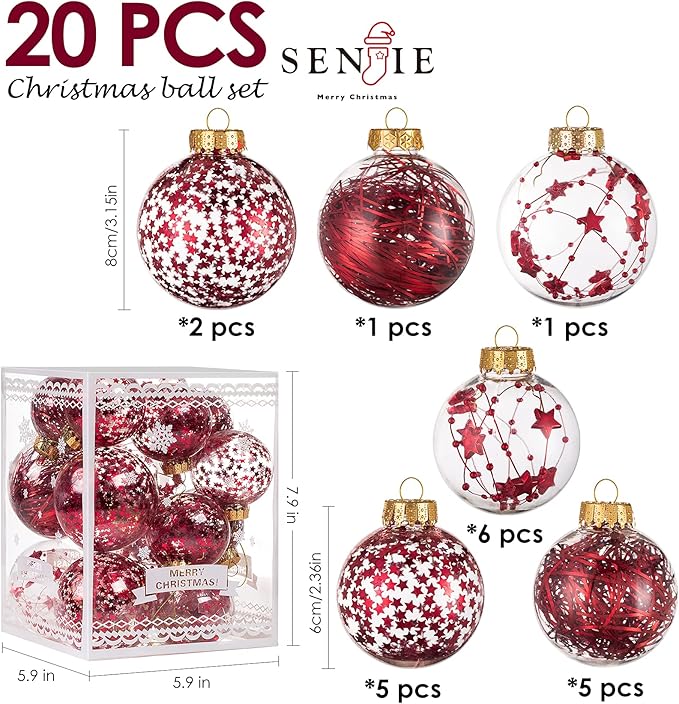 Christmas Ornaments Ball Set-Shatterproof Clear Plastic Decorative Baubles for Xmas Tree House Holiday Wedding Party Decoration,20pcs Red
