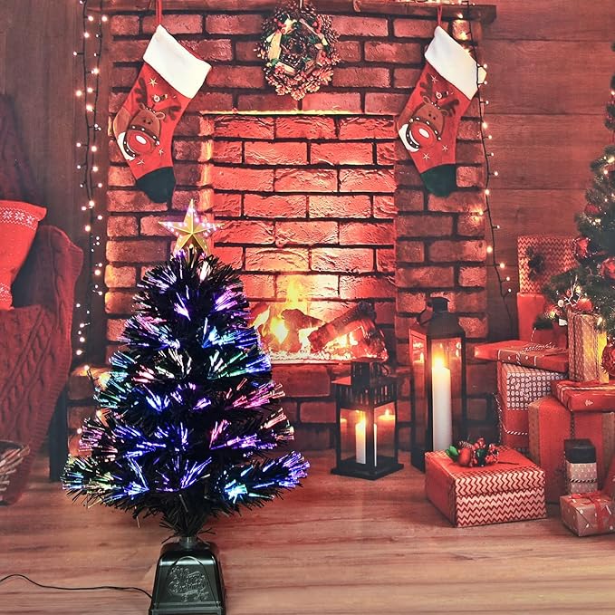 24inch Black Fiber Optic Christmas Tree,Pre-Lit Artificial Mini Christmas Tree, Tabletop Small Xmas Tree with Stars Holiday Home Decorations