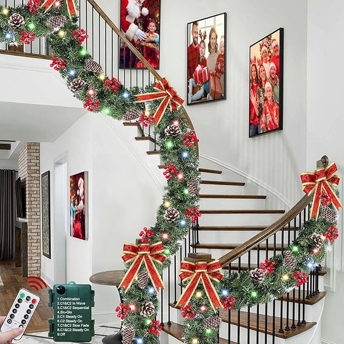 Remote Control&Extra Long&12 Modes-18 Ft Prelit Christmas Garland for Stairs Railing Mantle Front Door Porch Indoor Outdoor Decor 100 Warm White&Colors Switch Lights Timer,580 Thick Branches Tips