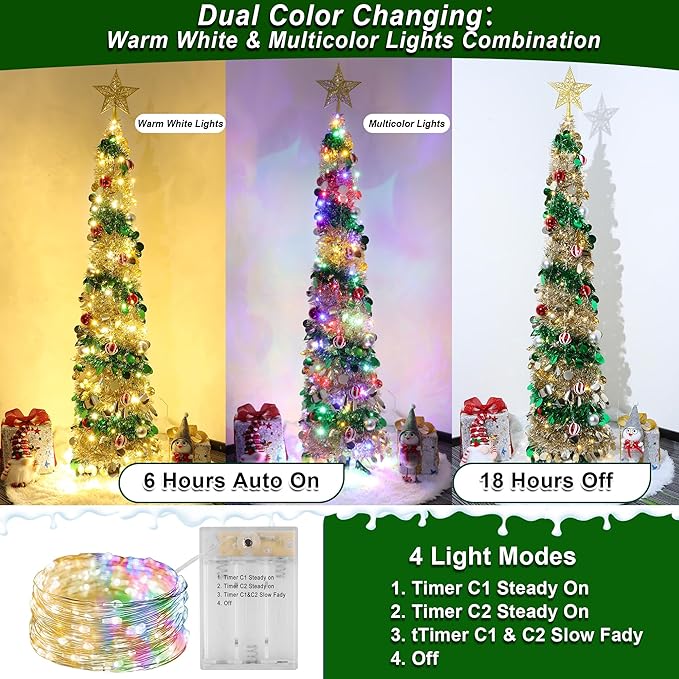 5FT Pop Up Christmas Tree with Timer 60 Warm White & Multi Color Fairy Light 3D Star 15 Ball Ornament, Green Gold Tinsel Christmas Tree Slim Pencil Xmas Tree Home Office Holiday Decor Indoor Outdoor