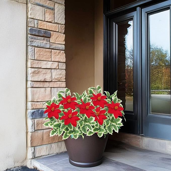 HUAESIN 4pcs Poinsettia Flowers Artificial Christmas Cemetery Flowers with Holly Leaves Faux Red Velvet Poinsettia Indoor Outdoor Long Stem Floal Arrangment for Crafts Vase Table Home Decor