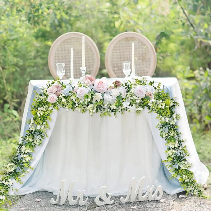 6FT Eucalyptus Garland with Flowers, 4 Pack Greenery Hanging Faux Eucalyptus Garland Suitable for Table Wedding Backdrop Arch Wall Party Thanksgiving UV Protected Indoor Outdoor Decorations