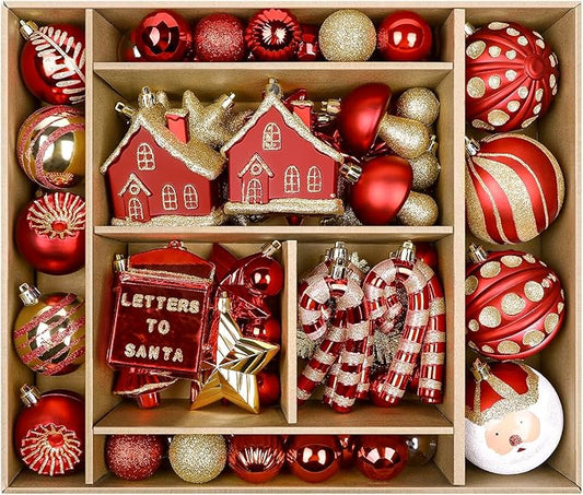 SHareconn 80ct Christmas Balls Ornaments Set, Shatterproof Plastic Colorful Xmas Decorative, Baubles for Tree Decorations with Hanging Strings, Red & Gold