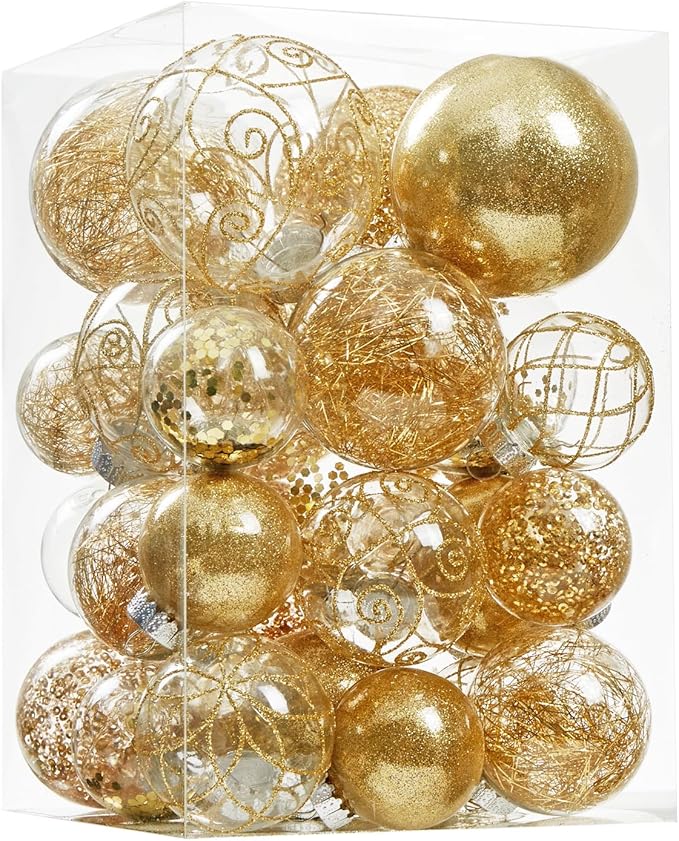 Wironlst Christmas Ball Ornaments Shatterproof Clear Large Plastic Hanging Ball Decorative Baubles Set with Stuffed Delicate Decorations (Multi-Size, Gold)