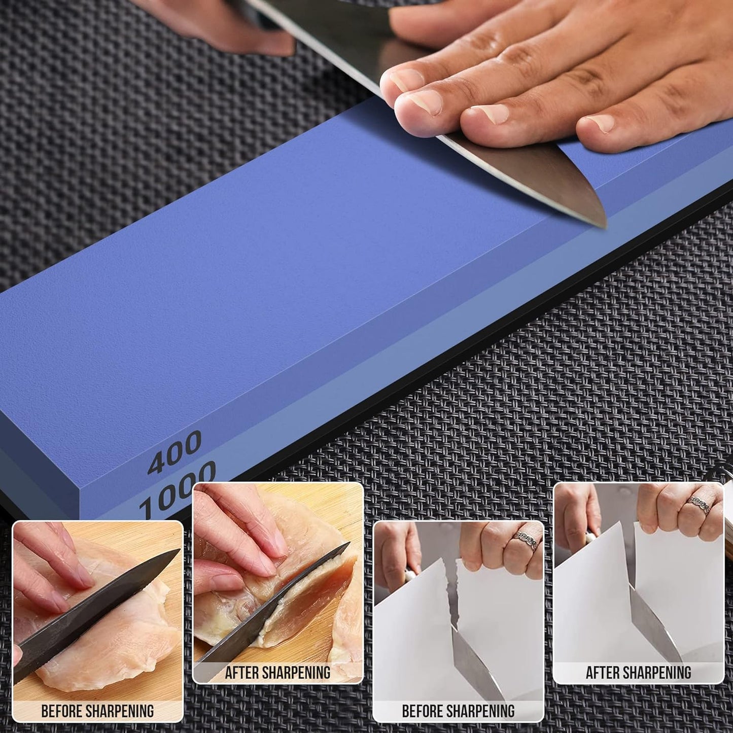 Knife Sharpening Stone Set - Premium 4 Side Grit 400/1000 3000/8000 Whetstone Sharpener Kit - Non-Slip Bamboo Base,Cut Resistant Gloves, Angle Guide,Flatting Stone,Honing Guide,Leather Strop