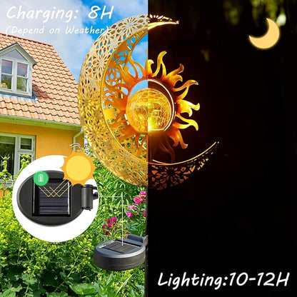 LICKLIP Garden Solar Lights Outdoor Decorative, Sun & Moon Crackle Glass Globe Metal Stake Light, Waterproof Warm White LED Light, Decorations for Pathway Lawn Patio Courtyard Backyard (1 Pack)