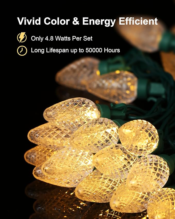 2-Set C7 Led Christmas String Lights, 25.16FT 50 LED Connectable Outdoor Indoor Decorative Light Strand, Warm White Holiday Lights for House, Christmas Tree, Patio, Party Decoration, UL Listed