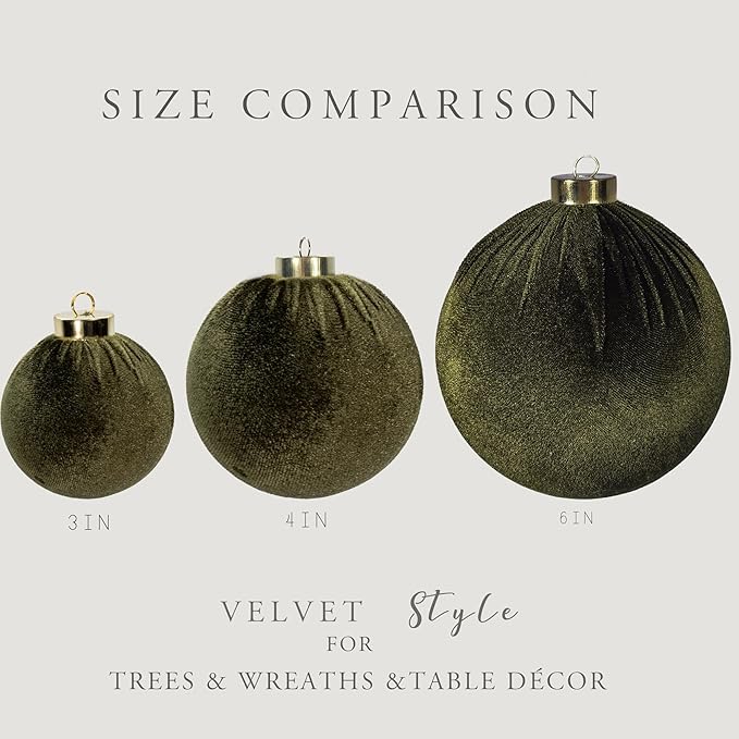 4PCS Green Velvet Christmas Ornaments Set – 6 Inch Large Flocked Shatterproof Baubles for Xmas Tree Decoration, Hanging Ornaments for Holiday & Home Décor (Green, 6 Inch / 15 cm)