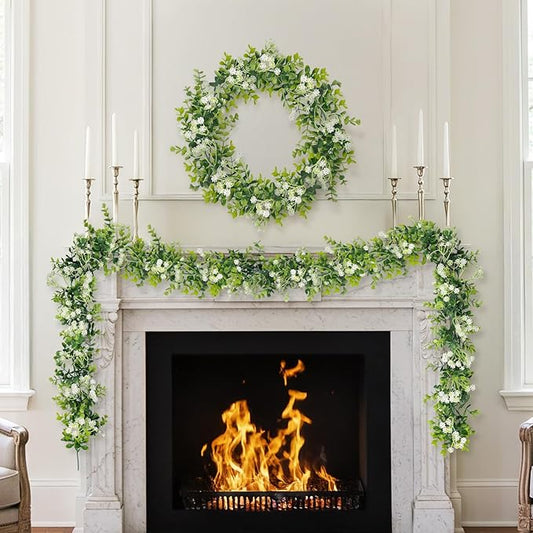6FT Eucalyptus Garland with Flowers, 1 Pack Artificial Greenery Garland Hanging Faux Eucalyptus Garland Suitable for Table Wedding Backdrop Arch Wall Party UV Protected Indoor Outdoor Decor
