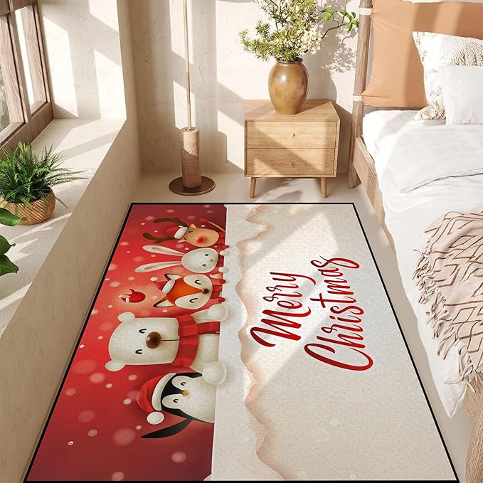 Christmas Rug, Snowman Rug, Xmas New Year Gift Door Mat for Bedroom Living Room Kitchen, Merry Christmas Indoor Floor Mats for Holiday Festive Decoration,71" X 47"