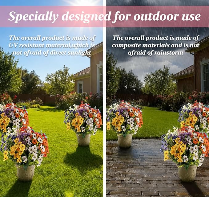 ilauke 9 Bundles Artificial Flowers for Outdoors, Fake Flowers UV Resistant, No Fade Faux Flower Plants 9 Colors with Eucalyptus, Plastic Flower Outside Planter Garden Porch Patio Home Wedding Decor