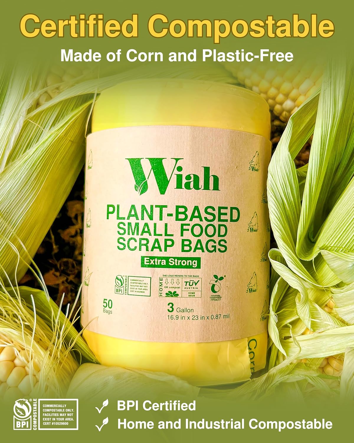 Small Compost Bags for Countertop Bin - Extra Strong 50-Count Compostable Trash Bags 3 Gallon - BPI Certified - Supports Wildlife - Premium 3 Gallon Compostable Bags for Kitchen Compost Bin