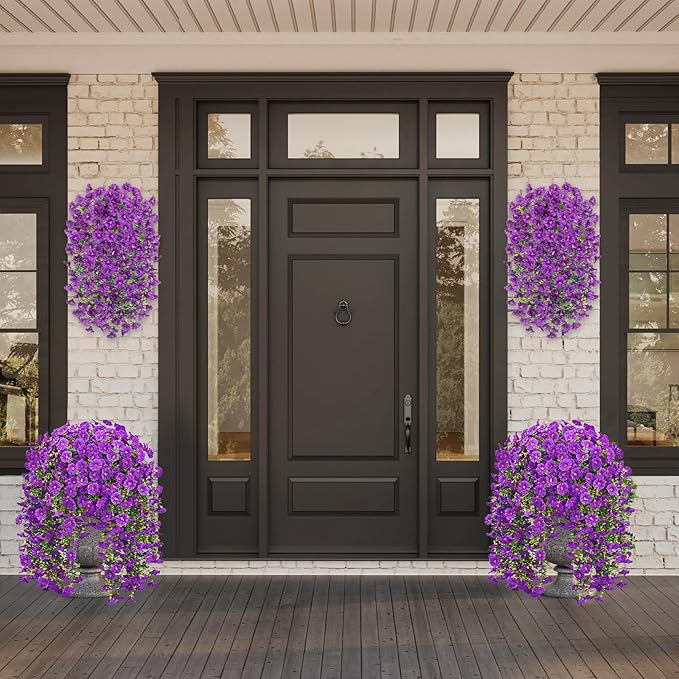 Rich and Eye-catching 5 PCS Artificial Hanging Flowers，Silk Morning Glory Faux Flowers with Eucalyptus Leaves,uv Resistant Fake Hanging Petunias Plants for Yard Decoration(Purple)