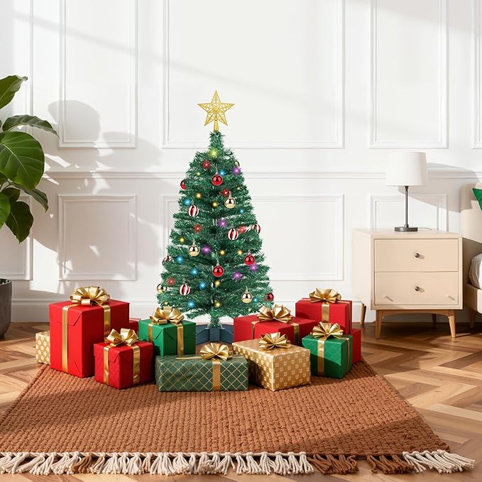 3 FT Small Christmas Tree with Lights, 12 Lighting Modes, Timer&Ornaments, Mini Fake Artificial Xmas Tree for Tabletop, Home, Office, Christmas Decoration Tree Decor