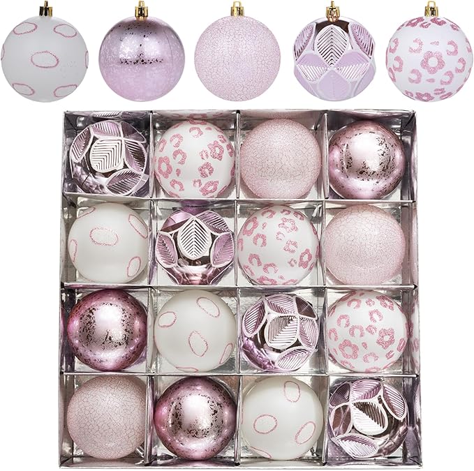 16CT Leopard Christmas Ornaments,Shatterproof Pink and White Christmas Decorations, Lage Baubles Ornaments Hanging Decor for Xmas Tree Home Party Festivals (80MM/3.15'')