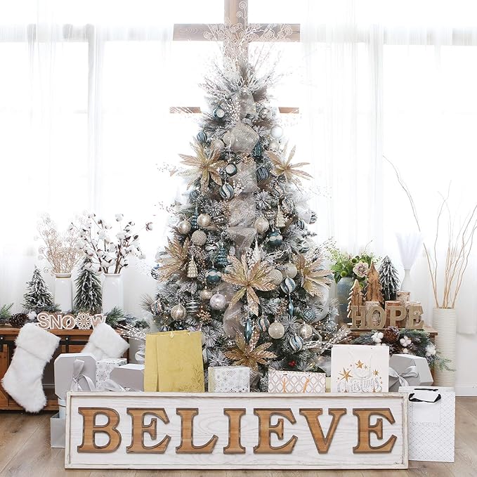 Sea Team 60mm/2.36" Delicate Contrast Color Theme Painting & Glittering Christmas Tree Pendants Decorative Hanging Christmas Baubles Balls Ornaments Set - (Stone Blue & Silver Grey), Pack of 30