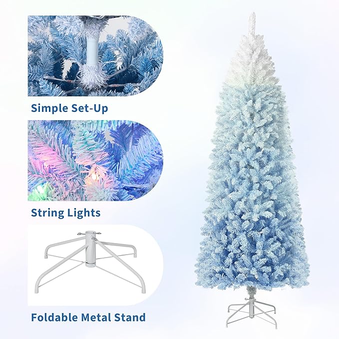GAOMON 7.5Ft Pencil Christmas Tree Artificial Slim Xmas Trees Skinny Christmas Tree Decorations Fake Flockeds, White & Blue Gradient