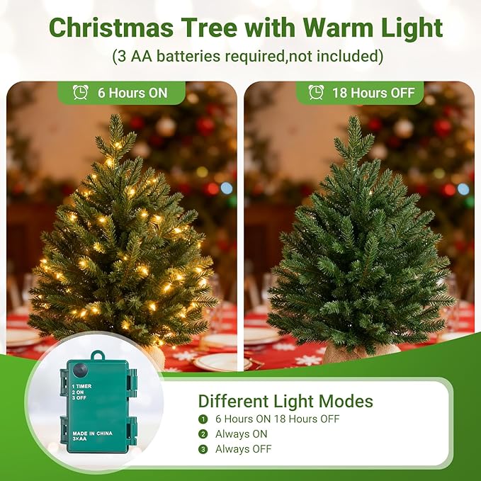 ELYKEN 22'' Mini Christmas Tree with LED Lights, Small Tabletop Artificial Christmas Xmas Holiday Party Decorations for Desk, Indoor Decor