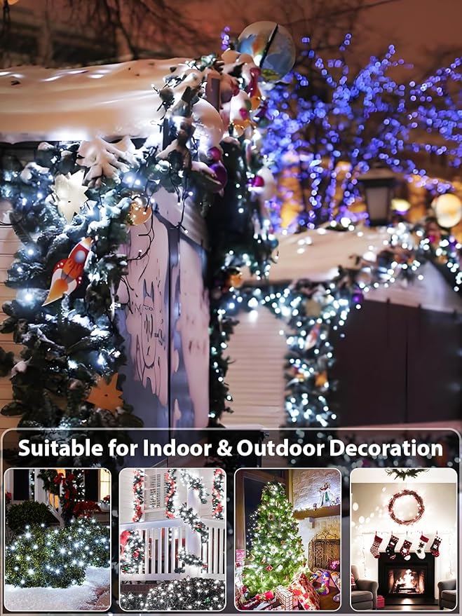 Upgraded 33 FT 100 LED Christmas Lights Outdoor Indoor, Extendable Waterproof White String Lights with Memory Function & Timer & 8 Modes Green Wire for Xmas Tree Holiday Party Garden Decor(Cool White)