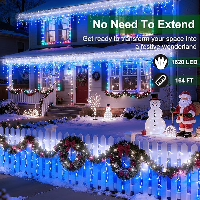 1620 LED Christmas Lights with 360Drops, 164ft 12 Modes Blue and White Outdoor String Lights with Timer Dimmable, Waterproof Hanging Twinkle Lights for Outside Holiday Wedding Party Eaves Yard Decor