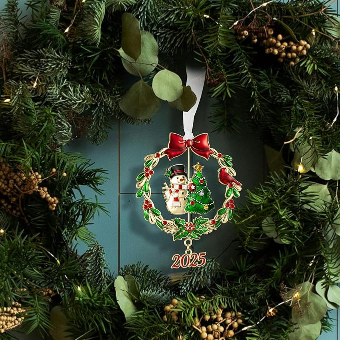 2025 Snowman Christmas Tree Ornament Metal Silver Hanging Rotatable Design Charm Holiday Decorative Pendant Gift Keepsake (Bow,Golden)