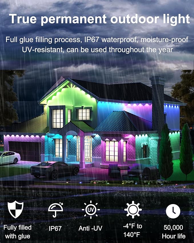 Smart Permanent Outdoor Lights, 100ft with 60 RGBW+IC LED String Lights, IP67 Waterproof Eaves Light with 108 Scene Modes for Halloween Christmas Birthday Holiday Party, APP/Remote Control