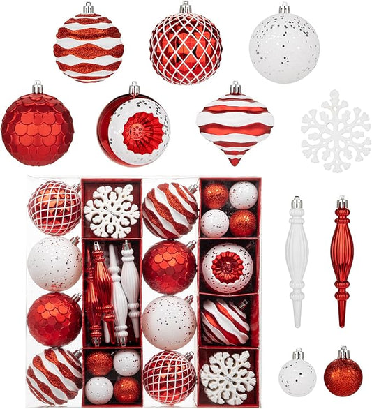 Hollyone Red and White Christmas Balls Ornaments Set, 50pcs Large Glitter Shatterproof Christmas Snowflakes Ornaments Bulk Decoration Hanging Ball for Xmas Tree Wreath Garland Wedding Home Decor