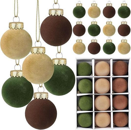 12 Pcs Velvet Christmas Balls Flocked Christmas Tree Hanging Ornaments Shatterproof Plastic Hanging Balls Decorations for Xmas Tree Party Home Holiday Decor (Brown, Green, Beige, 2.36 inch)