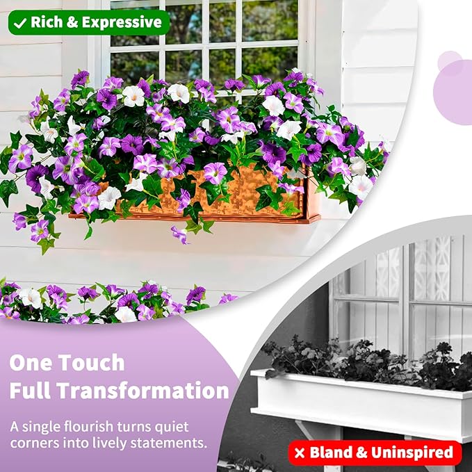Artificial Flowers for Outdoors 2 Pack UV Resistant Petunias with Real Touch Plastic Leaves, Faux Flowers for Outdoor Planters, Silk Flowers for Outside Garden Porch Window Patio Home Decor, Purple