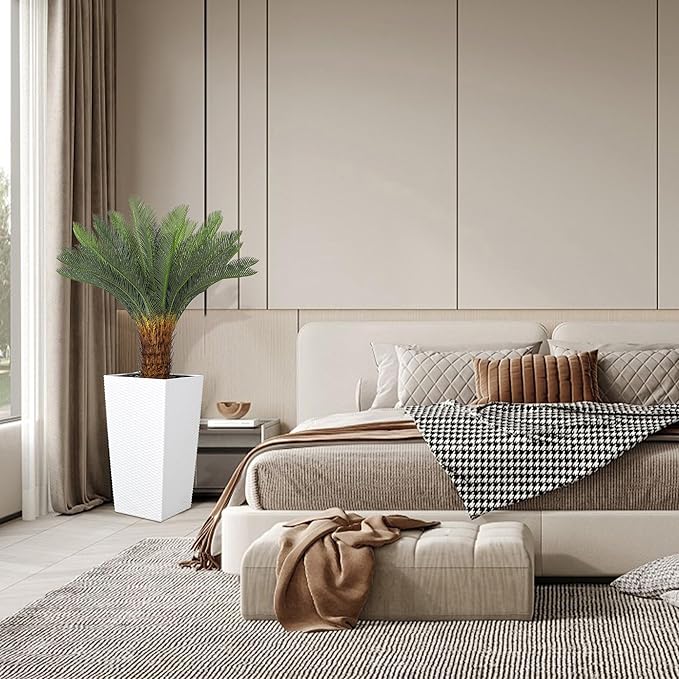 Artificial Palm Tree, 4FT Fake Palm Tree with White Tall Planter, Artificial Plants with Realistic Trunk and Leaves, Faux Sago Palm for Home and Office Décor, No Maintenance Indoor Greenery