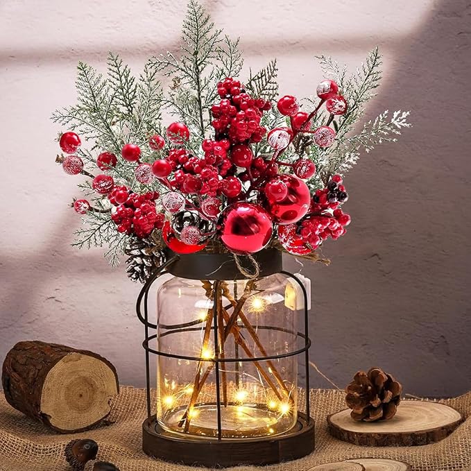 Rustic Vintage Glass Farmhouse Vase with LED Lights, Christmas Home Decor for Winter with Red Berry & Pine Cones, Farmhouse Vase for Decor, Home Decor Floral Arrangement Gift