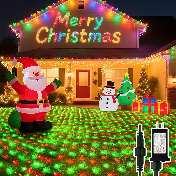 LitHome 21FT x 5FT Christmas Net Lights Outdoor, 360 LED Red Green Bush Lights with 8 Modes, Connectable Waterproof Net Mesh Light Dark Green Wire for Bushes Shrubs Outdoor Christmas Holiday Decor