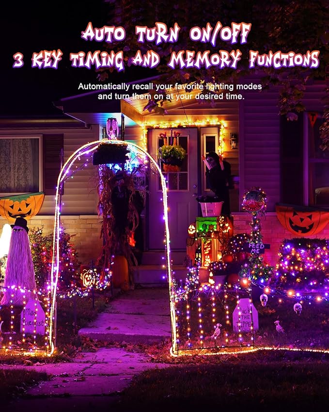 125 FT 380 LED Halloween String Lights, Outdoor Waterproof Black Wire with 8 Modes, Timer & Memory, Plug-in Halloween String Lights for Indoor Yard Tree Decorations, Purple & Orange