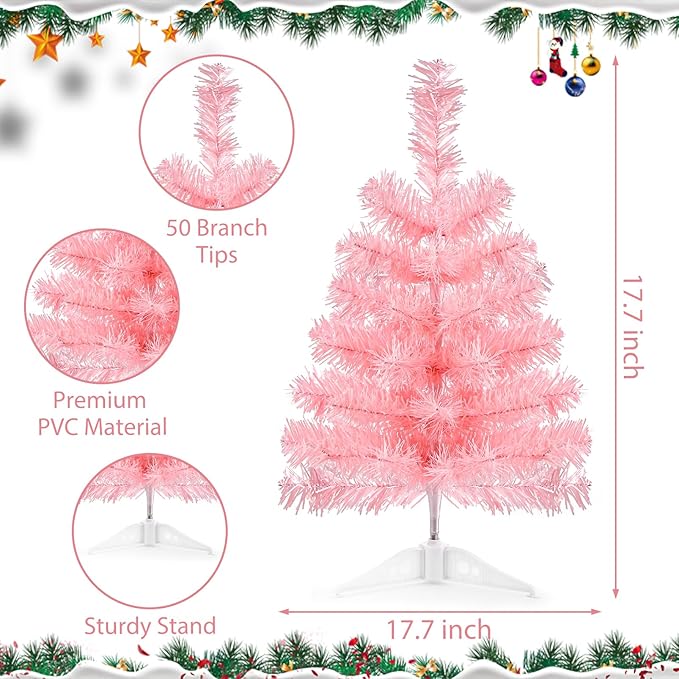 17.7Inch Artificial Christmas Tree Pink Tabletop Christmas Tree with Plastic Stand Mini Xmas Pine Tree for Indoor Outdoor Holiday Home Decoration