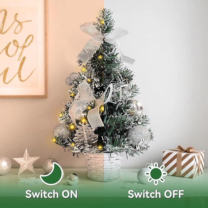 Tabletop Christmas Tree 11.81Inches Mini Artificial Christmas Tree with LED String Lights, Tabletop Small Xmas Tree for Holiday Indoor Christmas Decorations Silver