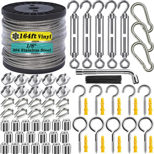 1/8" Wire Rope Kit with M5 Turnbuckles - 164FT Vinyl Coated Stainless Steel Cable, 7x7 Braided Strands Aircraft Cable for Climbing Plants, Outdoor String Lights Hanging