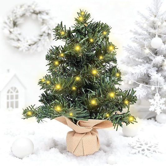 Tabletop Christmas Tree 11.81Inches Mini Artificial Christmas Tree with LED String Lights, Tabletop Small Xmas Tree for Holiday Indoor Christmas Decorations Green