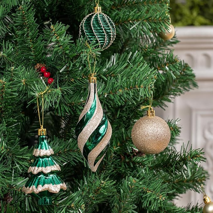 108 Pcs Christmas Ball Ornaments Set, Green and Gold Shatterproof Hand-Painted Hanging Bulbs Decoration for Xmas Tree, Wreath, Garland, Home Holiday Decor