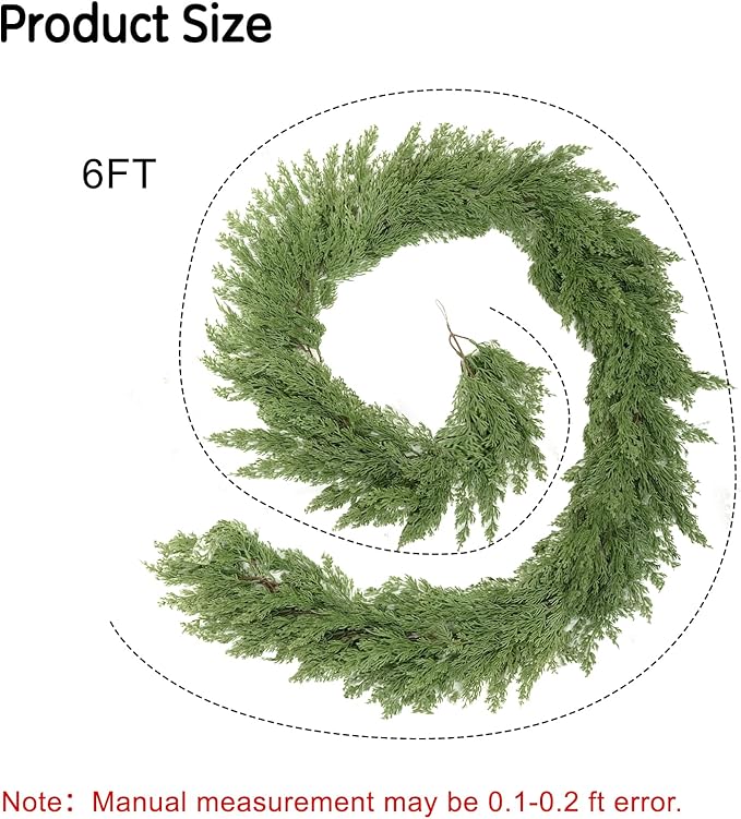 6FT Christmas Garland, Real Touch Cypress Pine Garlands, Green Artificial Cedar Garland Christmas Decorations for Home, Dining Table Mantel Porch Wall Stairs Winter Xmas Decor