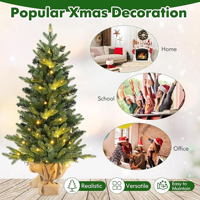 HAPPYGRILL 3FT Small Pre-Lit Christmas Tree, Mini Tabletop Xmas Tree with 363 Branch Tips, 50 LED Lights, Burlap Cement Base, Timer, Artificial Spruce Christmas Tree for Home Office Decor