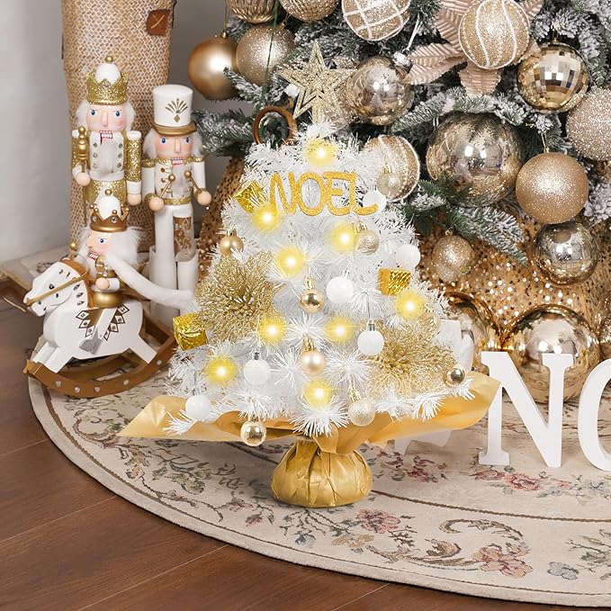 XmasExp Mini Christmas Tree with Lights White Small Christmas Tree Artificial Tabletop Xmas Decor Holiday Decoration for Home, Office, Party