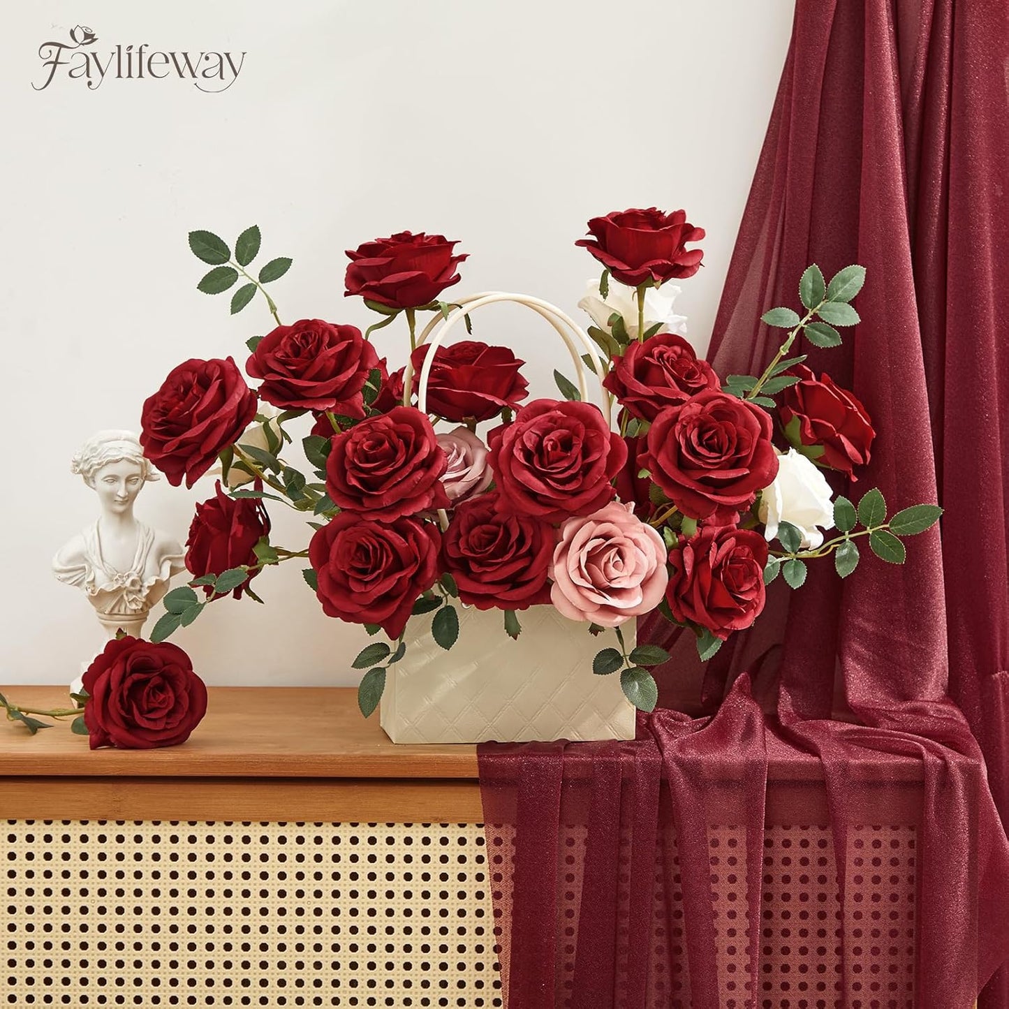 20PCS Artificial Dark Red Roses, 3.9'' Silk Flower Head Fake Red Rose with Long Stems, Realistic Faux Roses Bouquet for Mother's Day DIY Wedding Home Party Office Decoration
