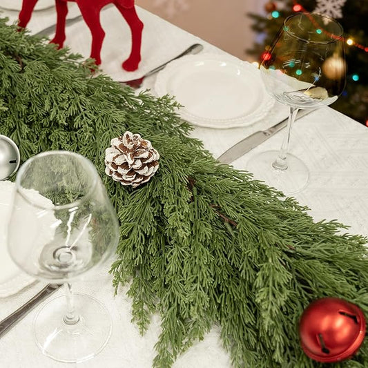 6FT Christmas Garland, Real Touch Cypress Pine Garlands, Green Artificial Cedar Garland Christmas Decorations for Home, Dining Table Mantel Porch Wall Stairs Winter Xmas Decor