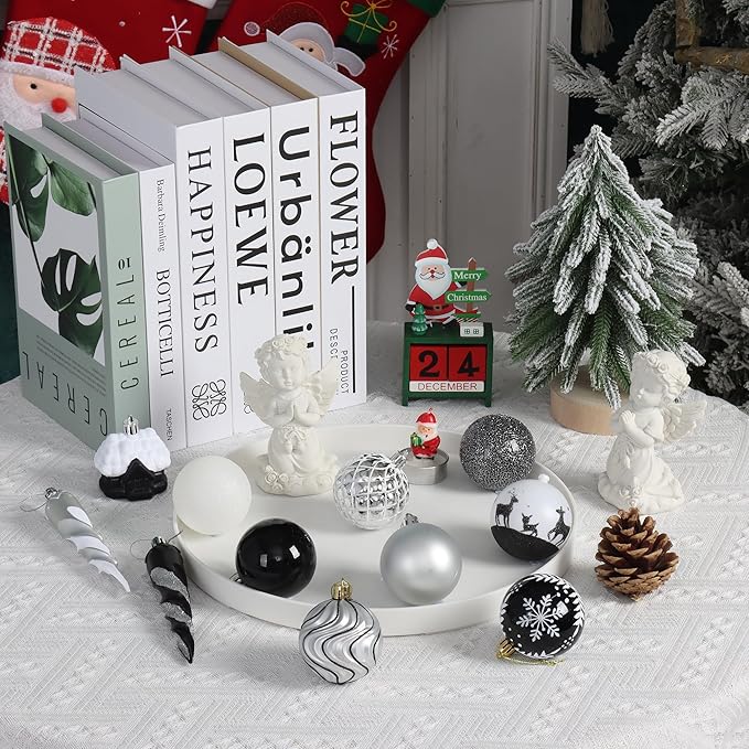 124Ct Black White and Silver Christmas Ornaments Set, Elegant Shatterproof Assorted Christmas Decorations for Xmas Tree Snowflake Icicle House Ball Ornaments Baubles for Holiday (Black White Silver)